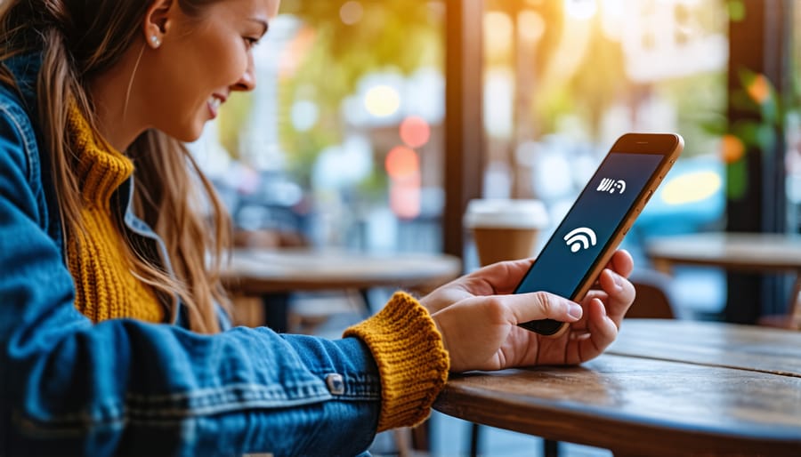 Person using free wifi connection at local cafe on mobile device