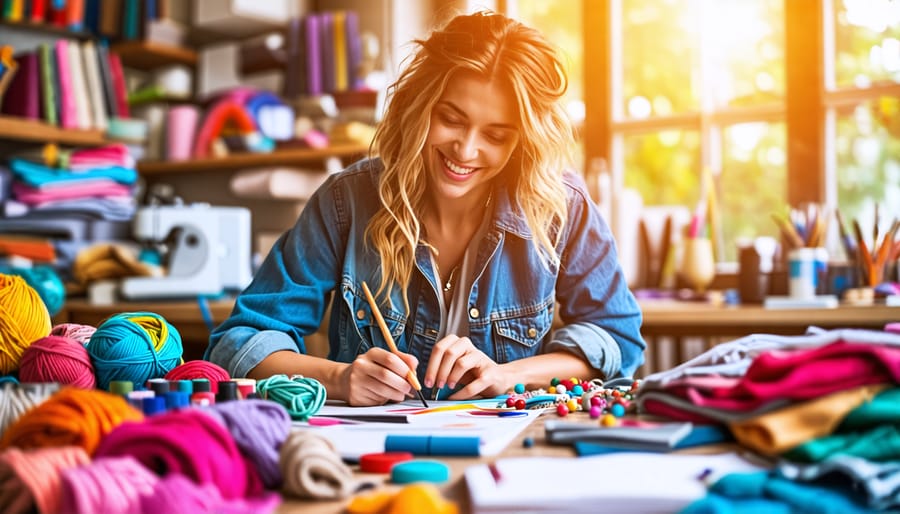 A passionate craftsperson creating handmade goods at a well-organized and vibrant workspace filled with various crafting materials and tools.