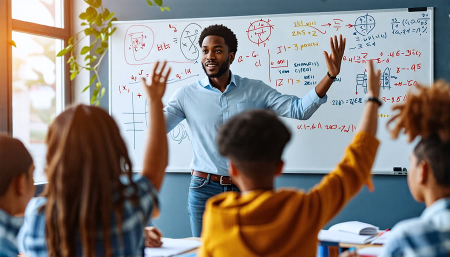 A professional tutor enthusiastically teaching a diverse group of students, illustrating the start of a successful tutoring business.