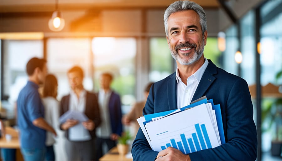 Confident business owner holding organized financial documents as potential buyers examine the business in the background, representing strategic preparation for a successful sale.