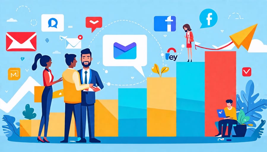 "A small business owner surrounded by social media icons, an email graphic, a handshake symbolizing partnerships, and happy customers, all underlined by an upward arrow indicating sales growth."