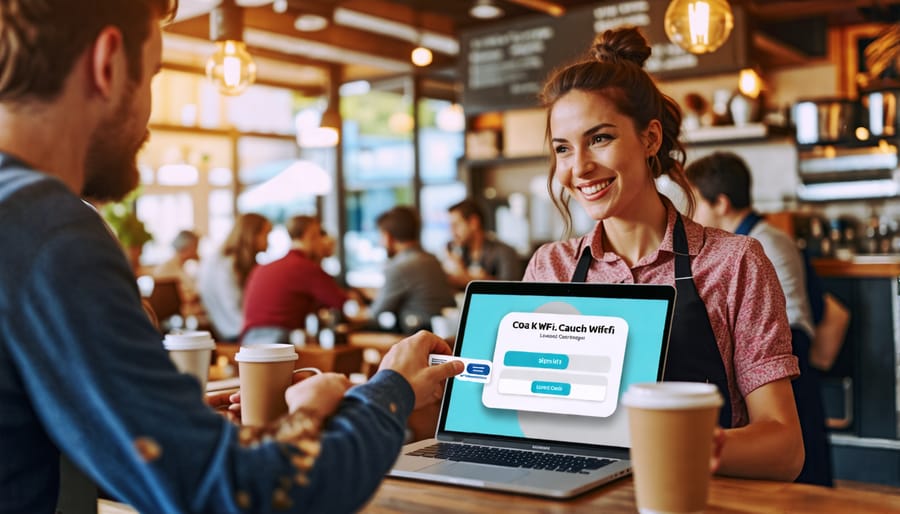 "Cafe customer receiving a free Wi-Fi login card from a barista, with a laptop showing a branded Wi-Fi splash page and sign-up form."