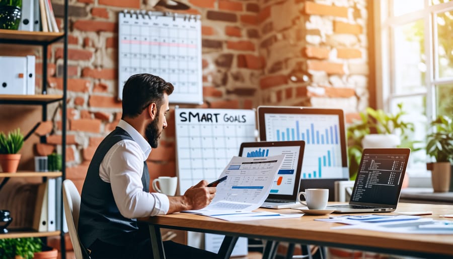 A small business owner reviewing financial statements and updating business plans at a desk with a calendar and whiteboard in the background.