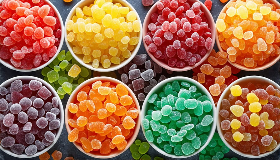 Colorful assortment of freeze-dried candies in various flavors displayed in bowls