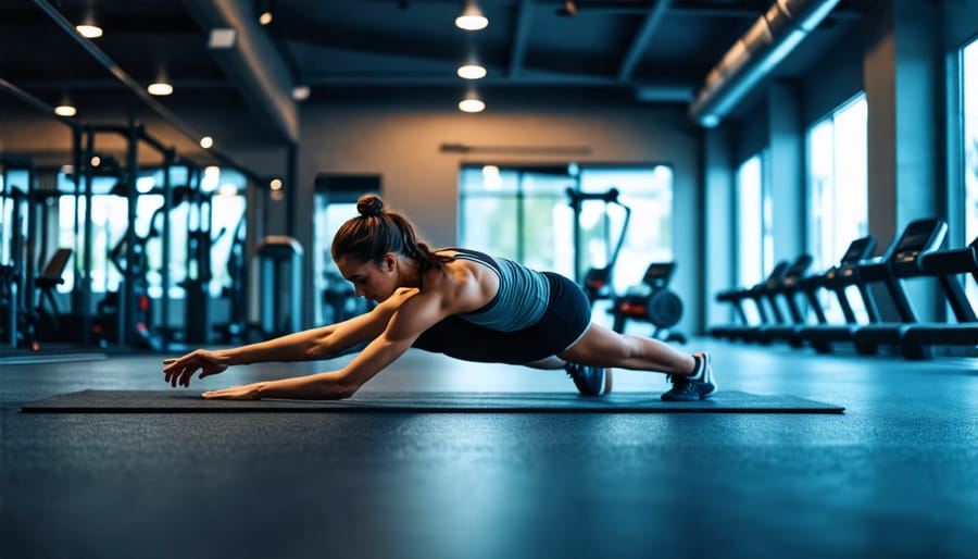 Entrepreneur starting a fitness routine with a stretching exercise in a gym