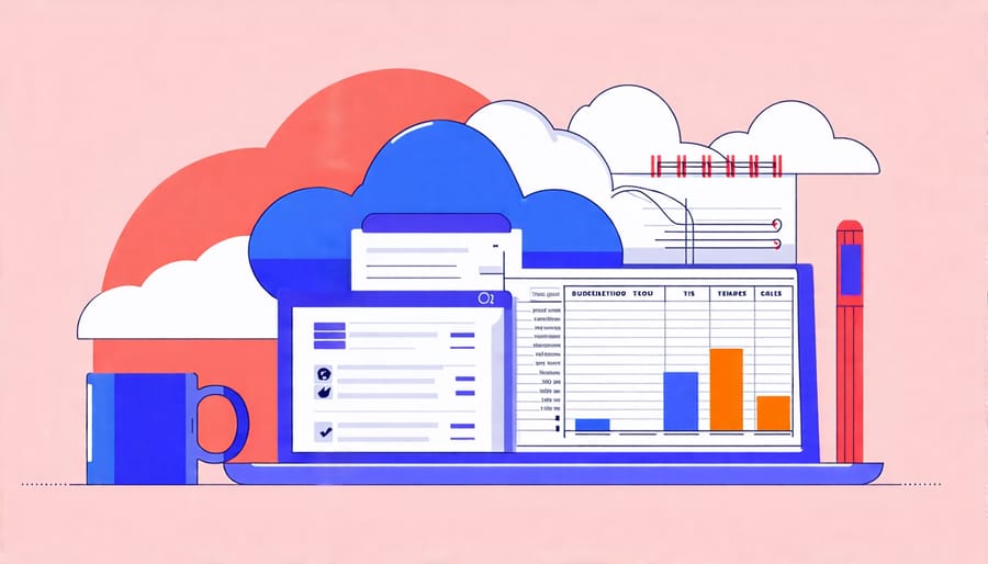 Illustration showcasing budgeting tools like cloud-based software apps and spreadsheet templates