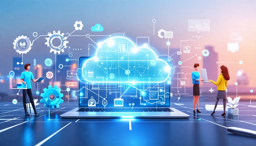 Conceptual illustration representing the journey of digital transformation for small businesses, featuring cloud computing, data analytics, automation, and symbols of innovation and collaboration.