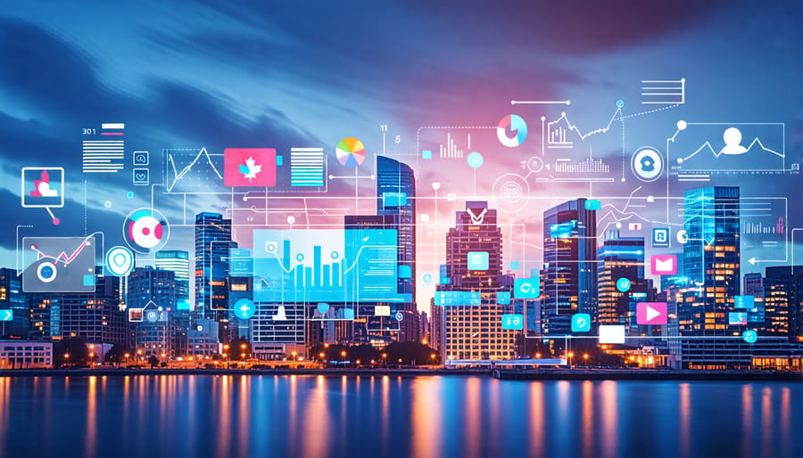 An illustration of a Canadian cityscape combined with digital marketing elements like graphs, analytics symbols, and business icons, representing the evolution of B2B marketing trends for small businesses.