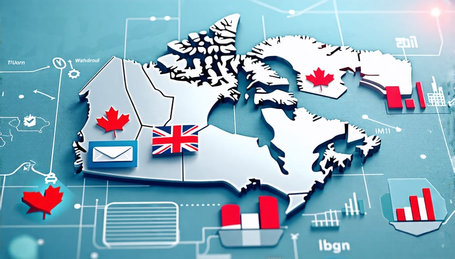 A creative depiction of digital marketing tools icons, including email, social media, SEO, and analytics, placed over a map of Canada, representing digital marketing strategies for Canadian small businesses.