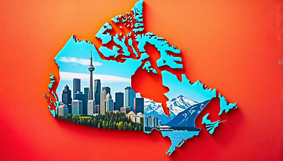 A conceptual illustration depicting Canadian small businesses engaging with local communities through events and social media, overlaid on a stylized map of Canada.