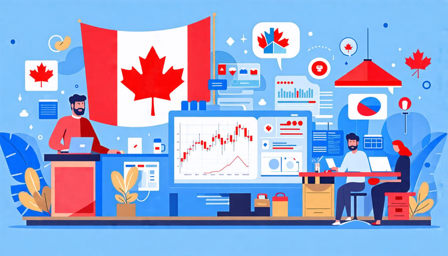 A small business owner interacting with AI technology, represented by data graphs and chatbot icons, with a Canadian flag subtly incorporated in the design.