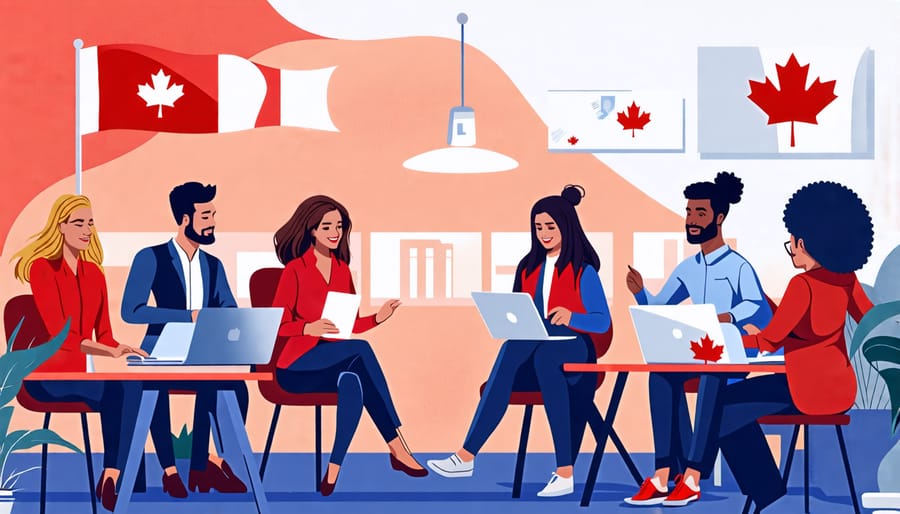 Illustration of diverse Canadian small business owners collaborating on branding strategies, with subtle Canadian iconography present.