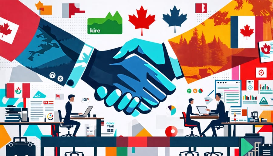 A composite image illustrating key elements of obtaining financial help for Canadian small businesses, featuring a handshake between an entrepreneur and a financial mentor, symbols of crowdfunding platforms, and Canadian provincial flags in the background.