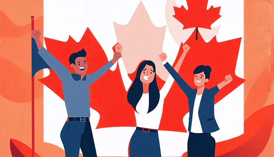 Small business owners in Canada cheering, with a superimposed Canadian flag