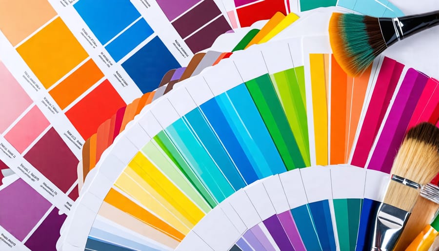 A selection of color swatches arranged in a grid, accompanied by examples of brand logos, packaging, and websites, illustrating the strategic use of colors in brand identity.