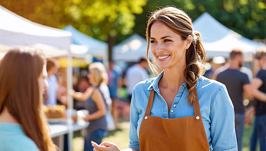 Small business owner interacting with customers at a community event in Canada.