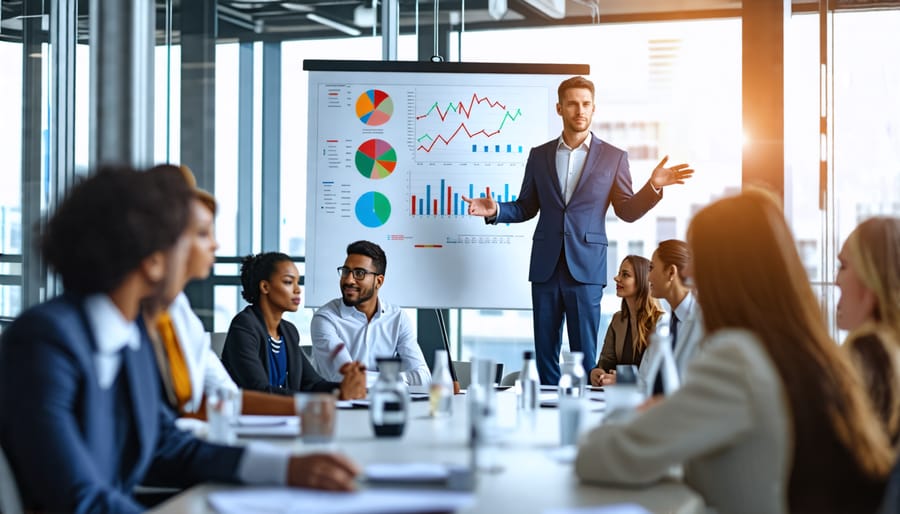 A professional confidently leading a diverse group discussion in a boardroom, symbolizing readiness for a senior leadership role.