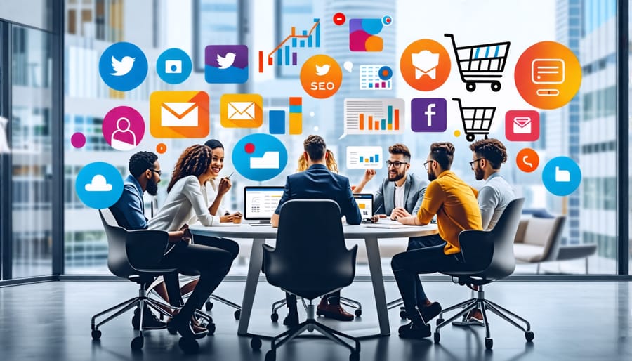 A diverse group of small business owners collaborating on digital marketing strategies, surrounded by icons representing various online marketing tools like social media, SEO, and email marketing.