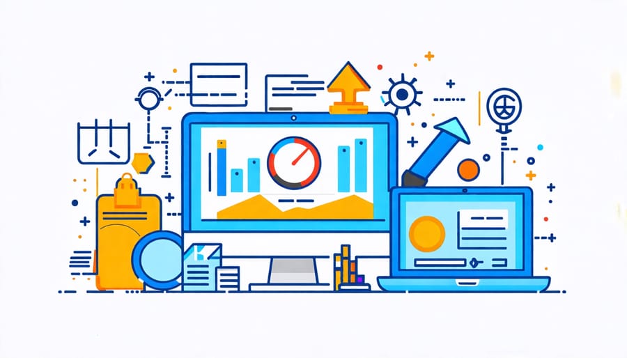 Icons representing different digital marketing tools such as social media, email marketing, SEO, and content management