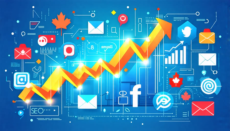 Illustration featuring digital marketing tools such as social media icons, SEO keywords, and email envelopes, highlighting growth and success for small businesses with Canadian symbols in the background.