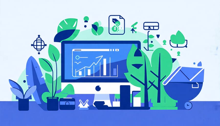 Conceptual representation of digital sustainability with symbols for eco-friendly tech and small business