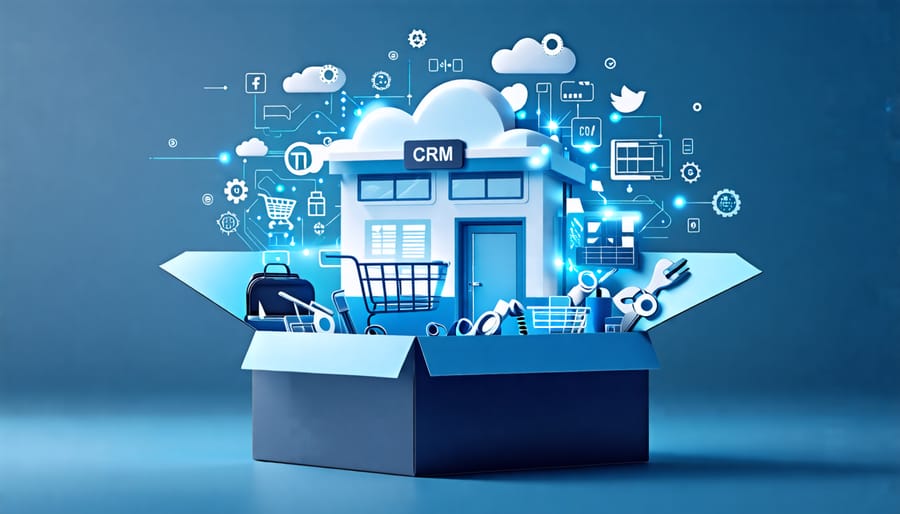 A conceptual illustration of a toolbox filled with digital tools, such as a cloud, e-commerce cart, CRM interface, and social media icon, forming the shape of a small business store.