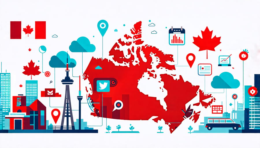 Illustration of digital transformation elements such as cloud computing and social media surrounding a Canadian map, representing innovation in small businesses in Canada.