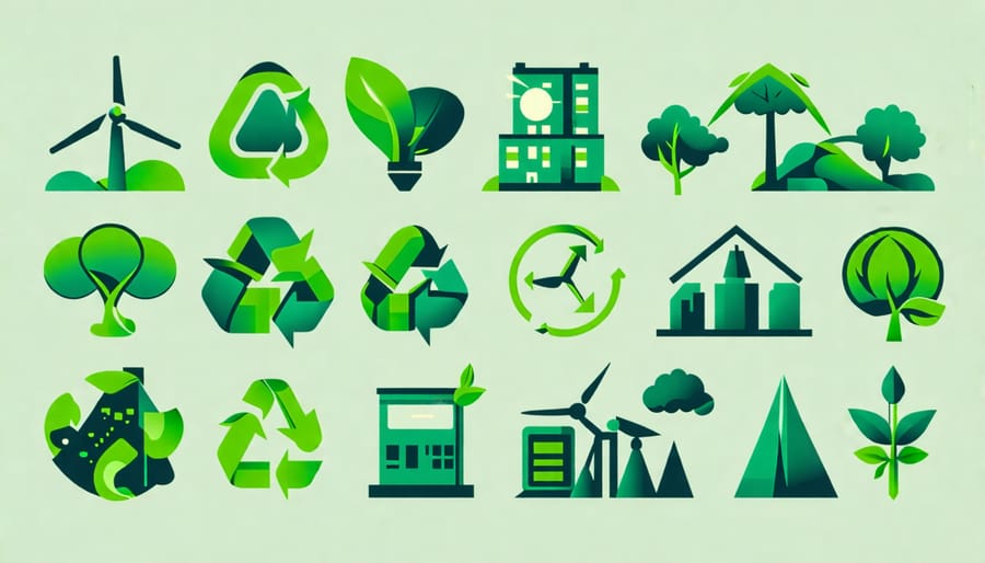 Illustration showing icons of wind turbines, solar panels, and recycling to symbolize eco-friendly business practices