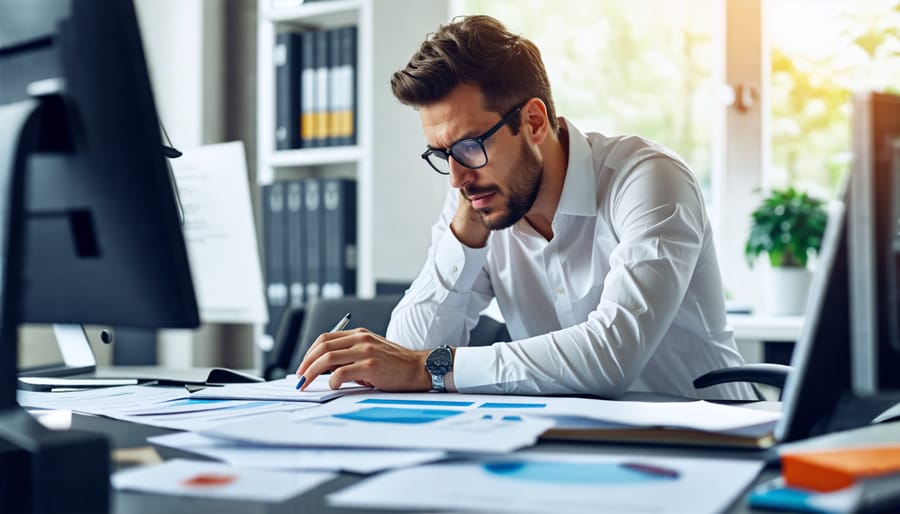 Stressed employee with a cluttered desk, symbolizing workload challenges