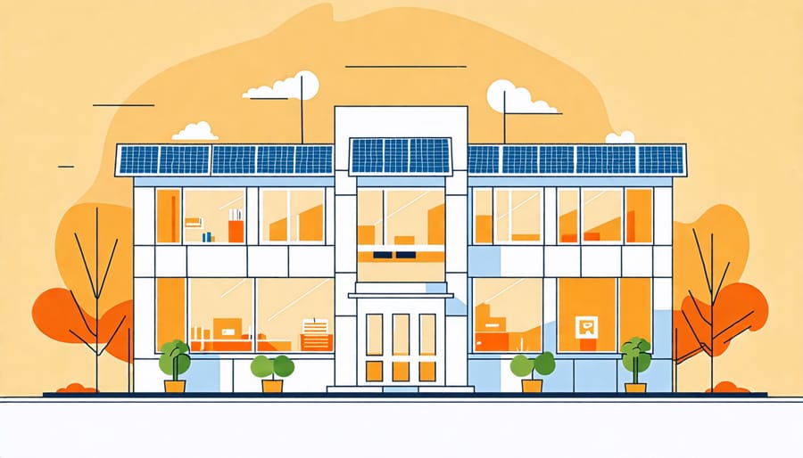 Energy-efficient office building featuring solar panels and energy-saving lights.