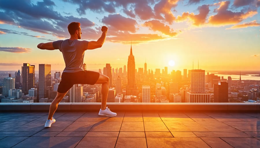 An entrepreneur starting their day with a stretching exercise on a rooftop overlooking a Canadian city skyline, illustrating the integration of fitness into a busy entrepreneurial lifestyle.