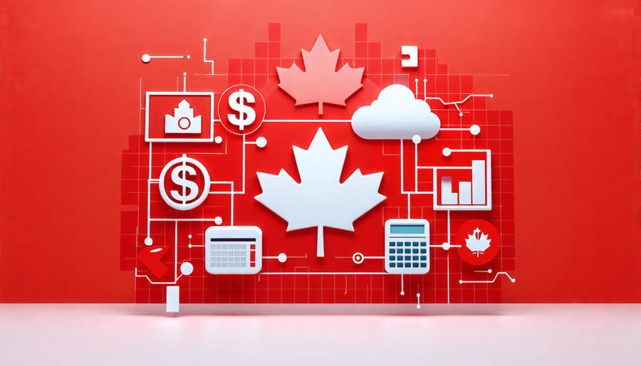 Illustration depicting financial software icons like a dollar sign, graph, calculator, and cloud against a network grid background, symbolizing tools for managing small business finances with a Canadian theme.