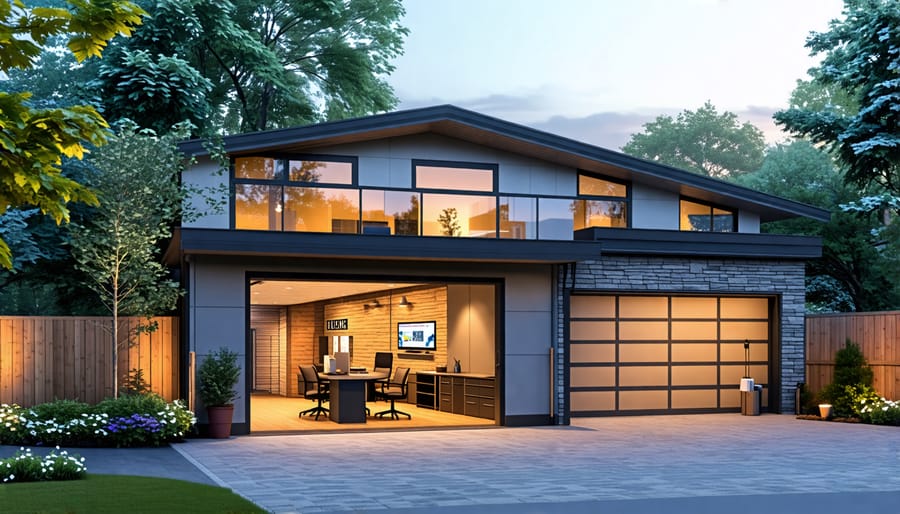 An exterior view of a garage transformed into a home-based business space in Canada, featuring a small business sign and a tidy entrance, representing the balance between residential and commercial use.