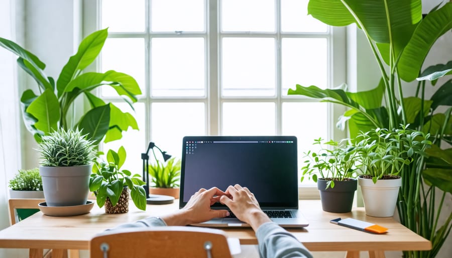 Remote worker in a dedicated home office with good lighting and greenery