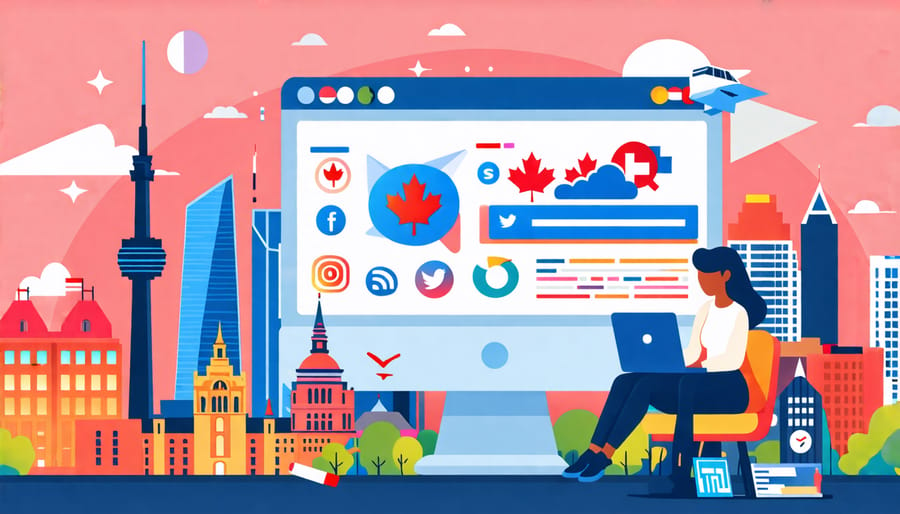 A small business owner sits at a laptop in a virtual workshop setting, engaging with digital marketing tools represented by social media icons and Canadian landmarks, symbolizing growth and learning.