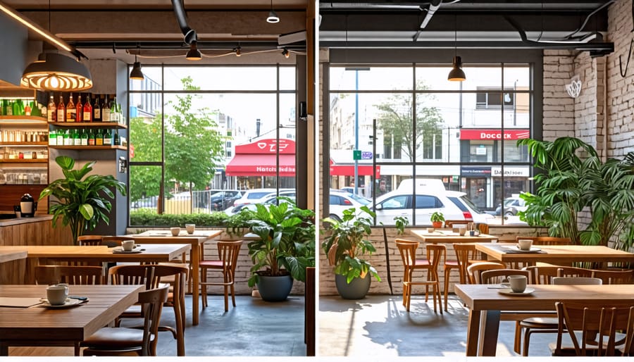 Visual comparison of a local café before and after implementing efficiency innovations