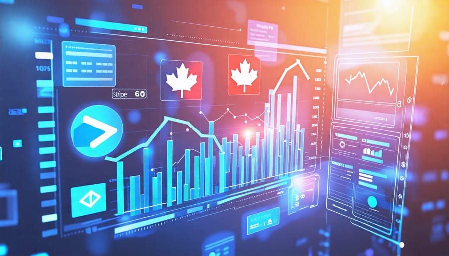 Illustration of a digital interface with financial graphs, payment platforms, and Canadian currency symbols, highlighting recurring payment solutions for Canadian small businesses.