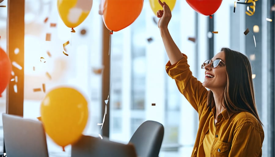 Happy remote worker celebrating success with colleagues on a video call