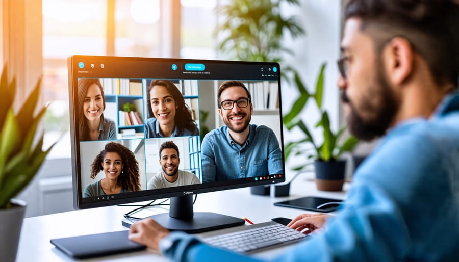 Diverse remote employees engaged in a productive video meeting