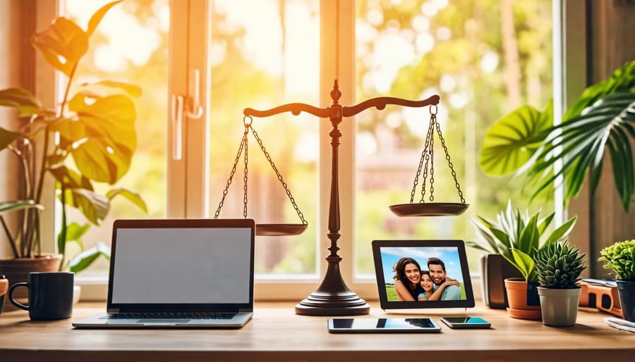 An artistic balance scale on a desk in a cozy home office, symbolizing the harmony between work and personal life for remote workers.