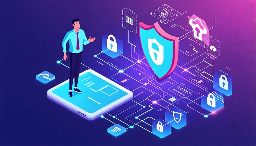 Illustration of a small business owner with a digital shield, surrounded by cybersecurity symbols and icons representing cyber threats like phishing and ransomware.