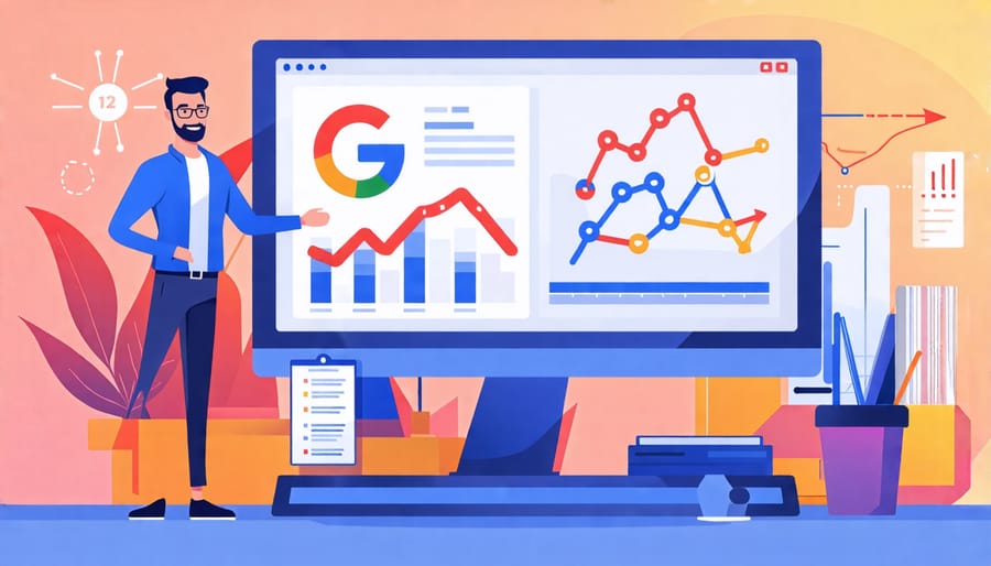 Small business owner analyzing Google Analytics data on a computer, surrounded by icons depicting growth and data insights.