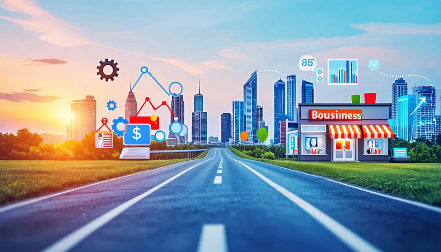 Conceptual illustration depicting the journey of small business growth through various stages, represented as a road through a dynamic city with business symbols showcasing development and success.