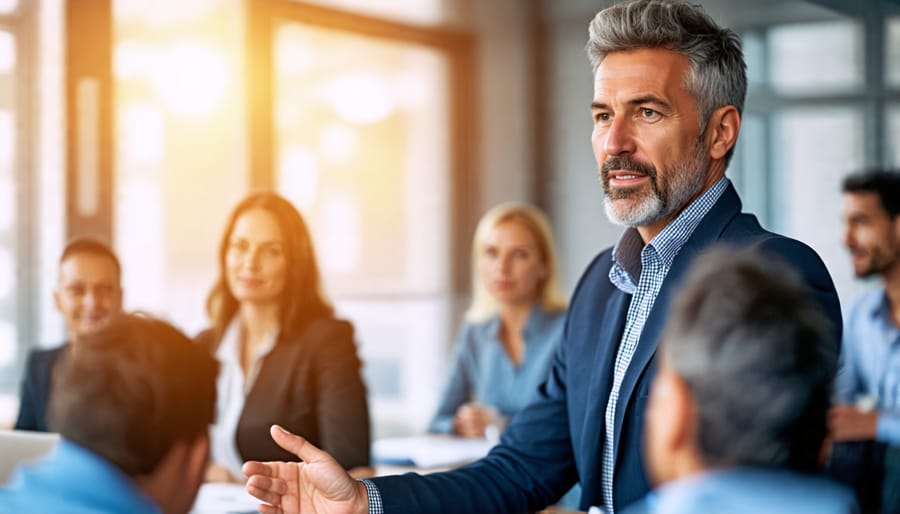 Leader confidently addressing team members in a meeting room