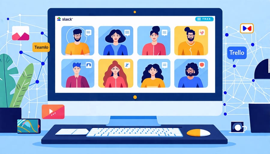 A digital workspace showing diverse team members video conferencing, overlaid with icons of remote work tools to symbolize effective collaboration.