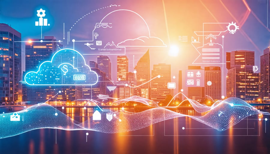 Conceptual image depicting the sustainable digital future for Canadian small businesses, highlighting elements of cloud computing, energy efficiency, and small enterprises.