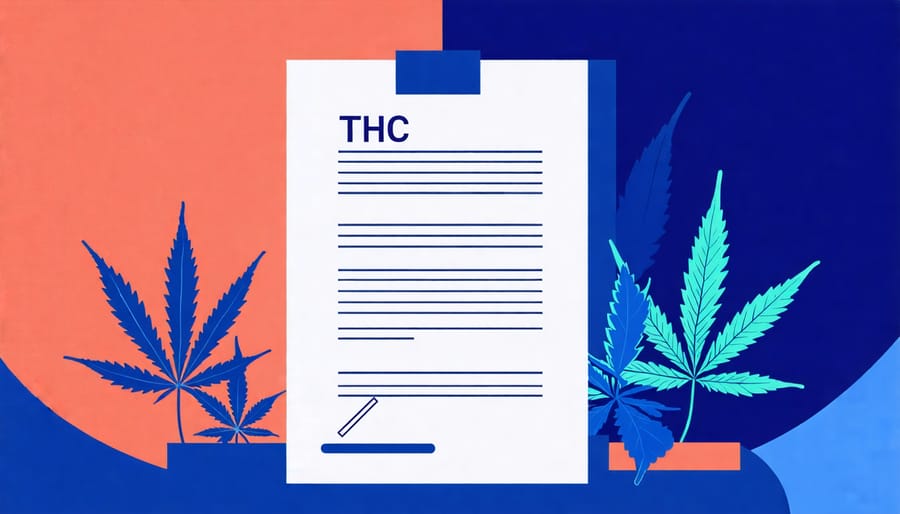 Legal document with cannabis leaf shadows, representing THC regulations