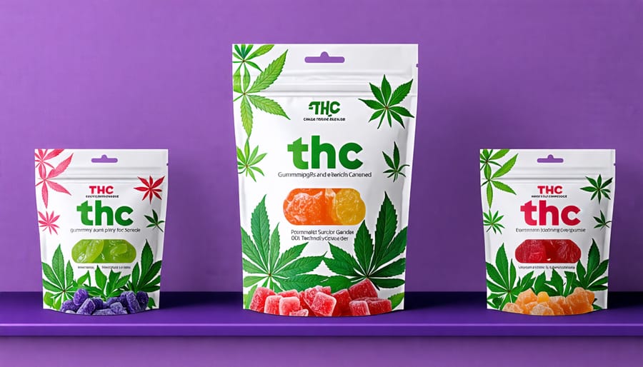 Creative THC gummy packaging displayed on a shelf for strong branding