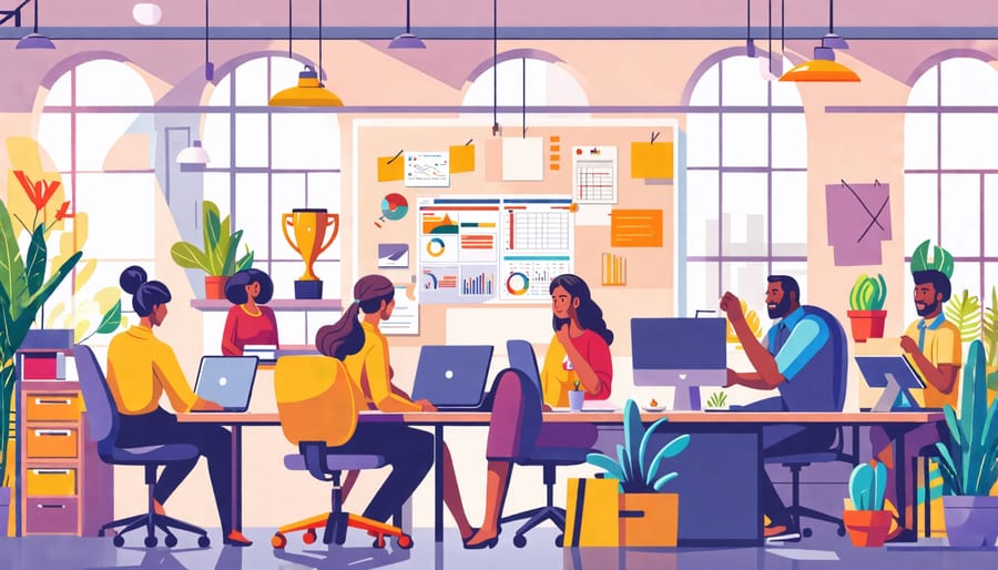 Diverse group of employees working collaboratively in an open office, with laptops and awards symbolizing productivity and recognition. A corner shows an employee working remotely, reflecting flexible work arrangements and ongoing career development.