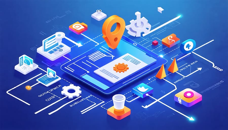 Conceptual illustration showing interconnected digital tools like QuickBooks and CRM platforms enhancing a small business's efficiency.